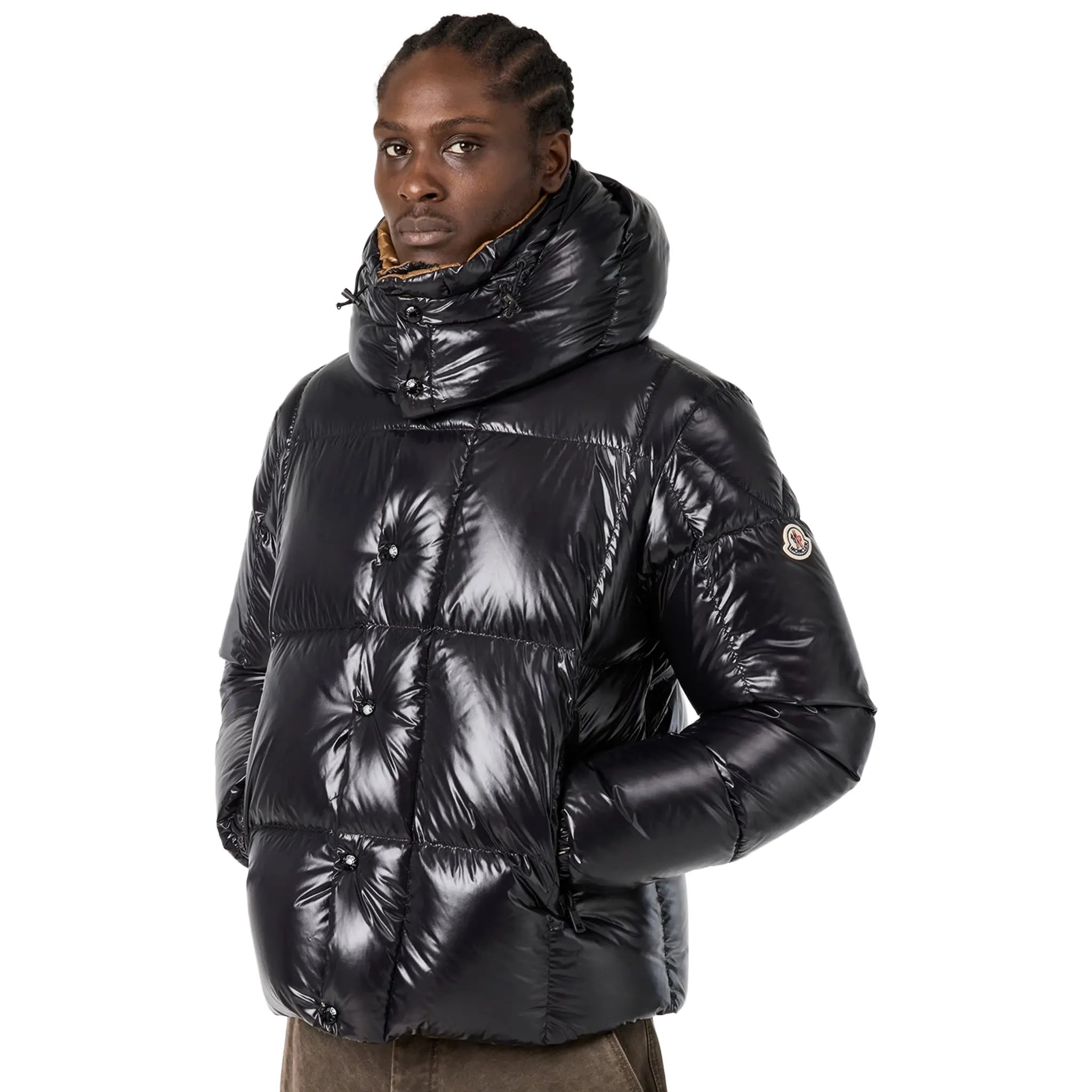Front Side View of Moncler Parana Hooded Short Down Black Jacket K20911A00187597Z8